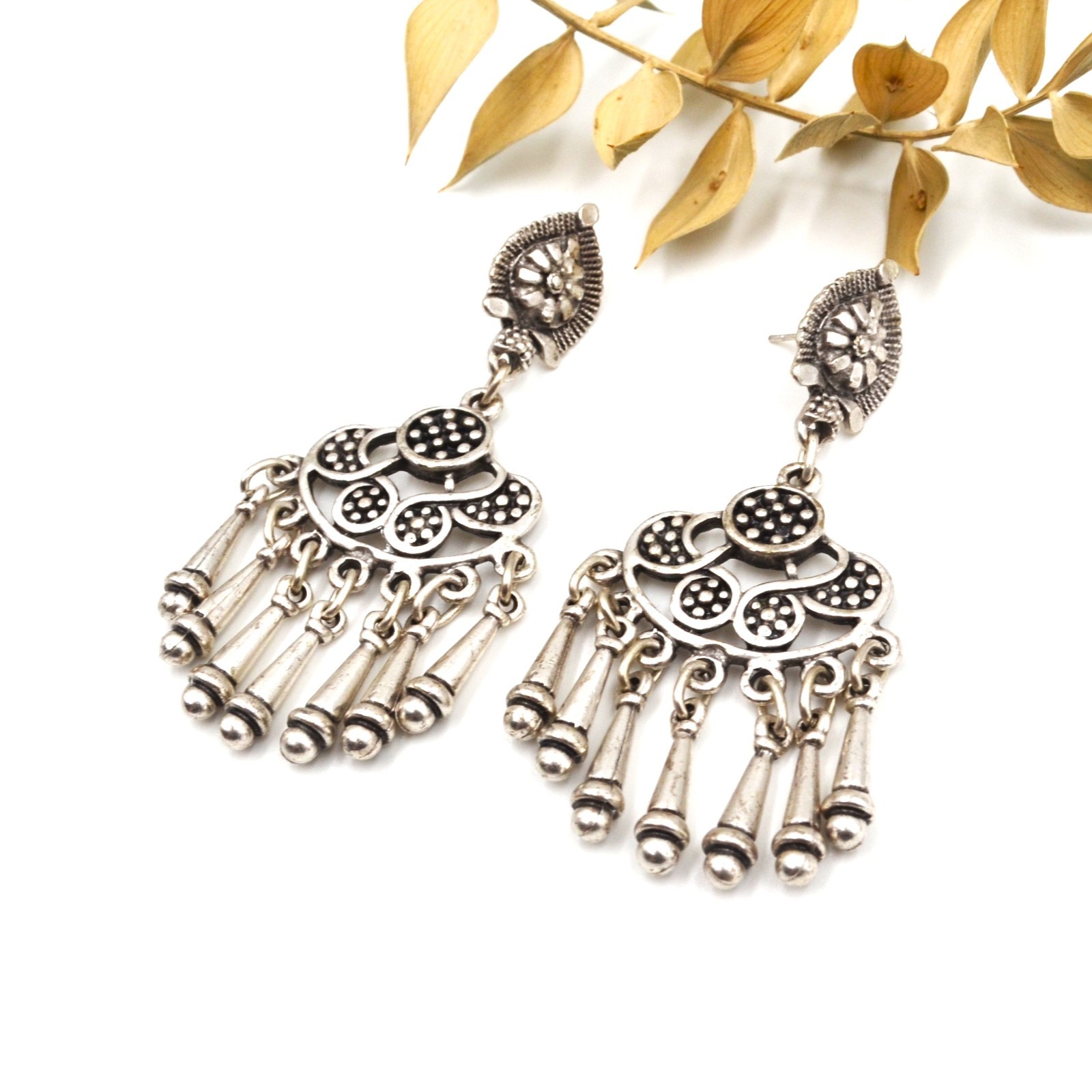 Boho Antique Silver Crescent Chandelier Fringe Dangle Ethnic Bohemian Earrings