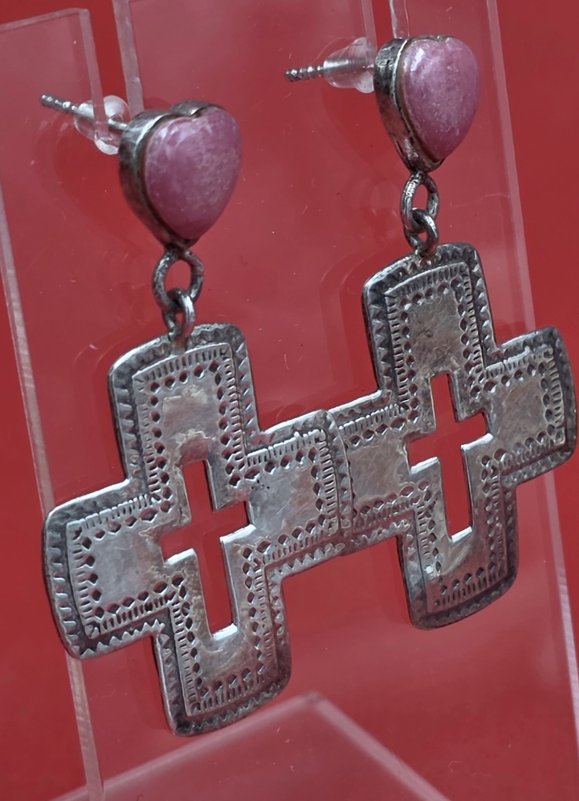 Sterling Silver Stamped Cross Pink Heart Dangle Earrings