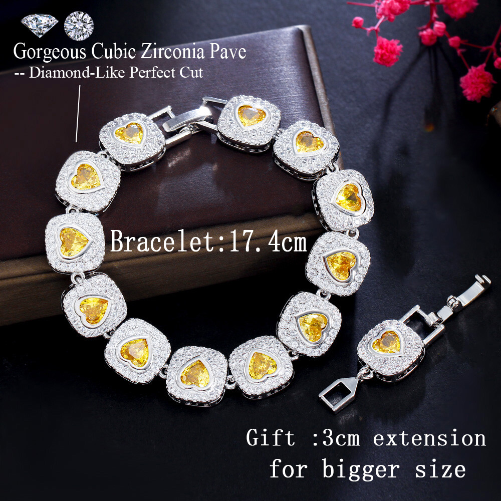 Women Lovely Silver Plated Pink Heart Cubic Zirconia Big Tennis Bracelet Wedding
