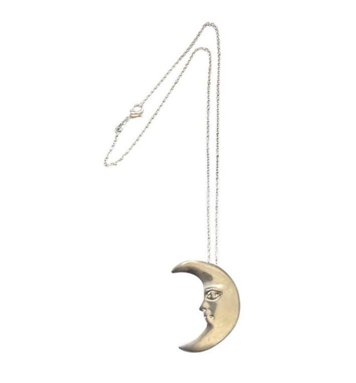 Vintage Crescent Moon w Face Pendant Necklace, Dainty Silver Rolo Chain, 19”