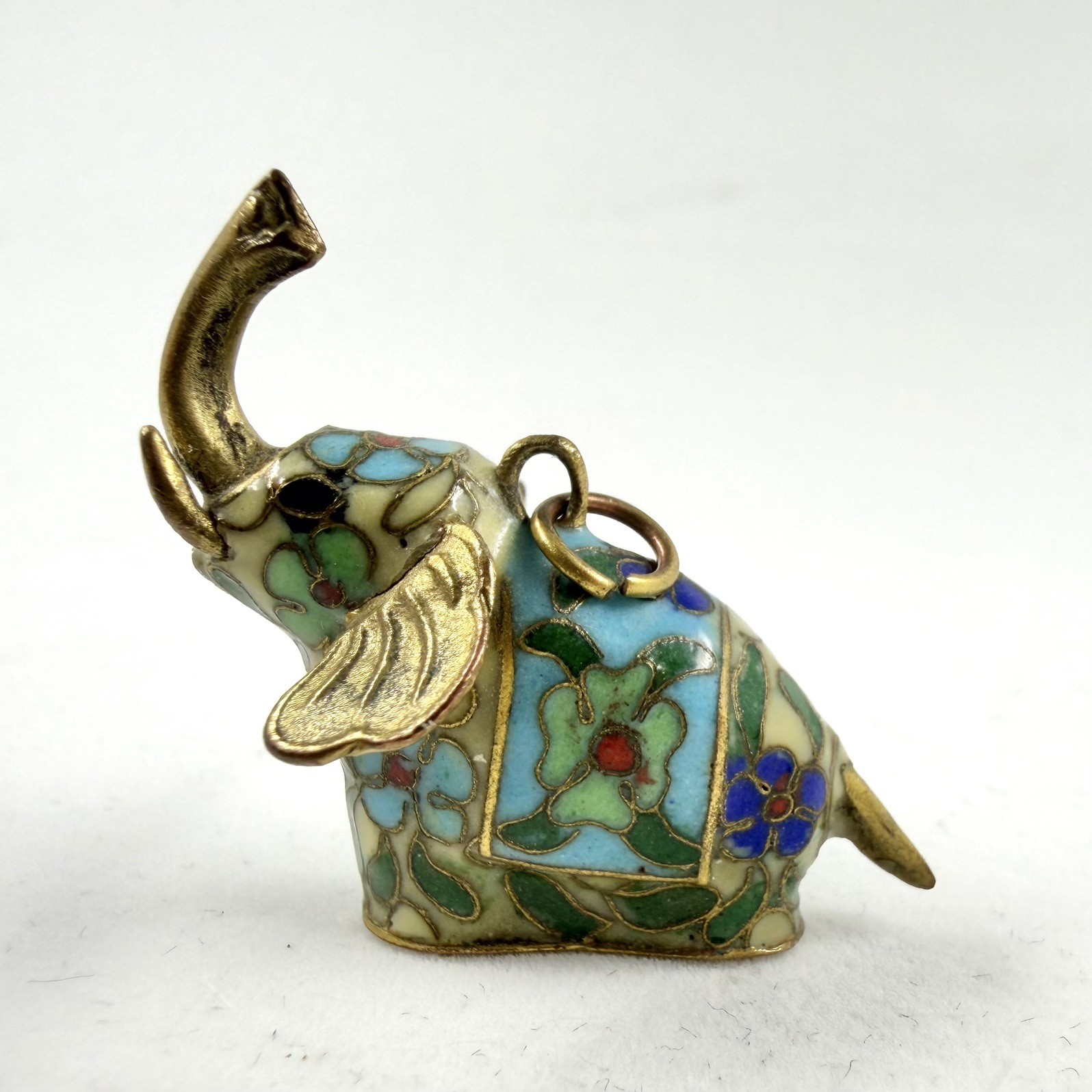 Cloisonné Enamel Elephant Pendant Charm Blue Up Trunk Vintage Chinese Export