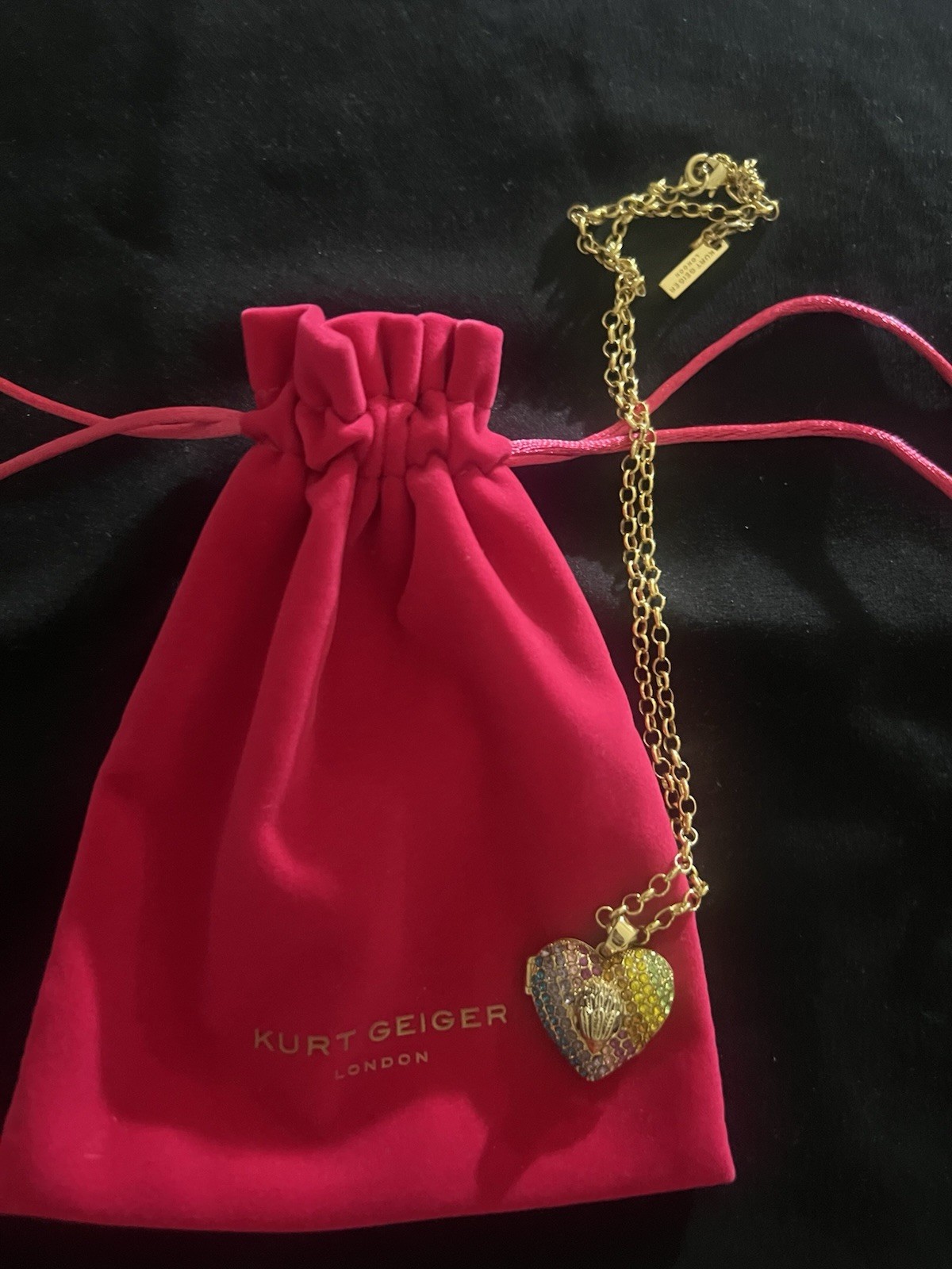 Kurt Geiger Heart Charm Locket Pendant Necklace Multicolor Pavé Crystal Gold