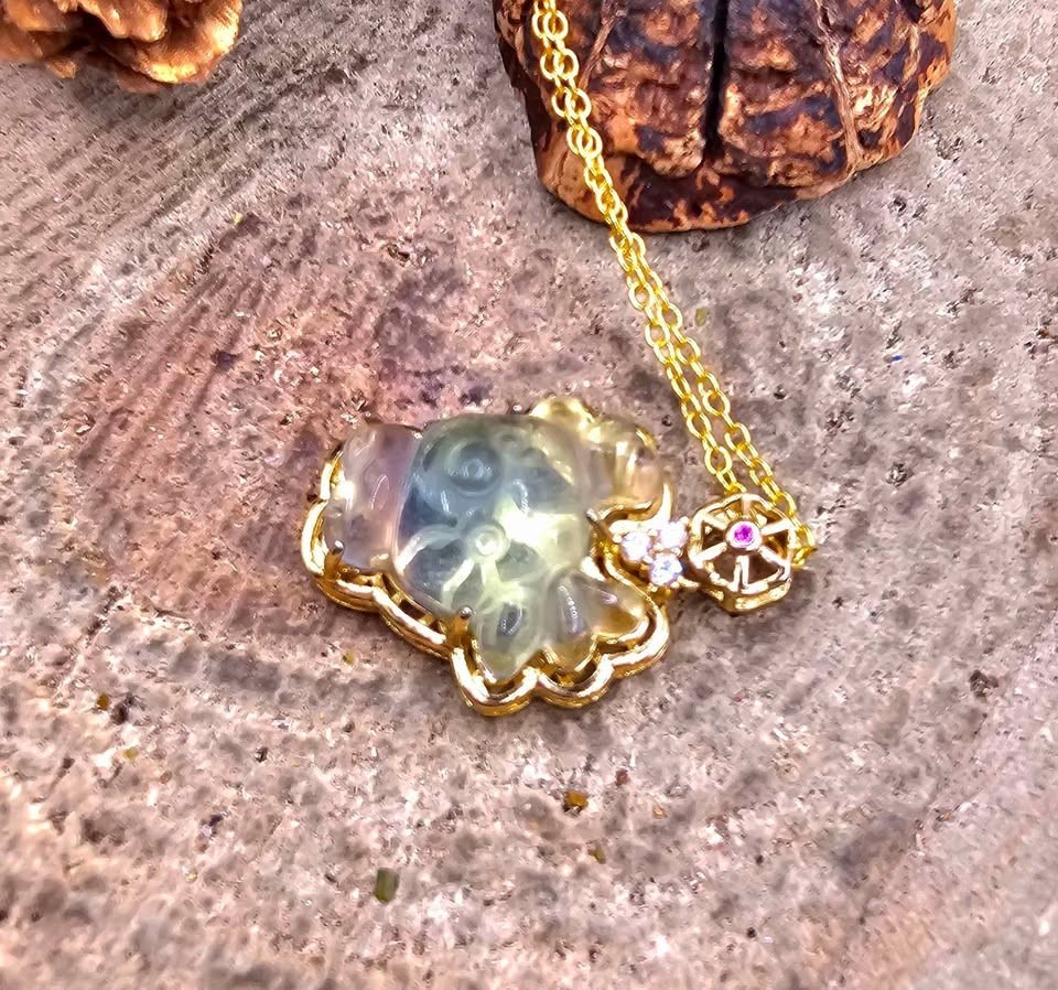Adorable Nature Rainbow Fluorite Hand Carved Deer Pendant Necklace