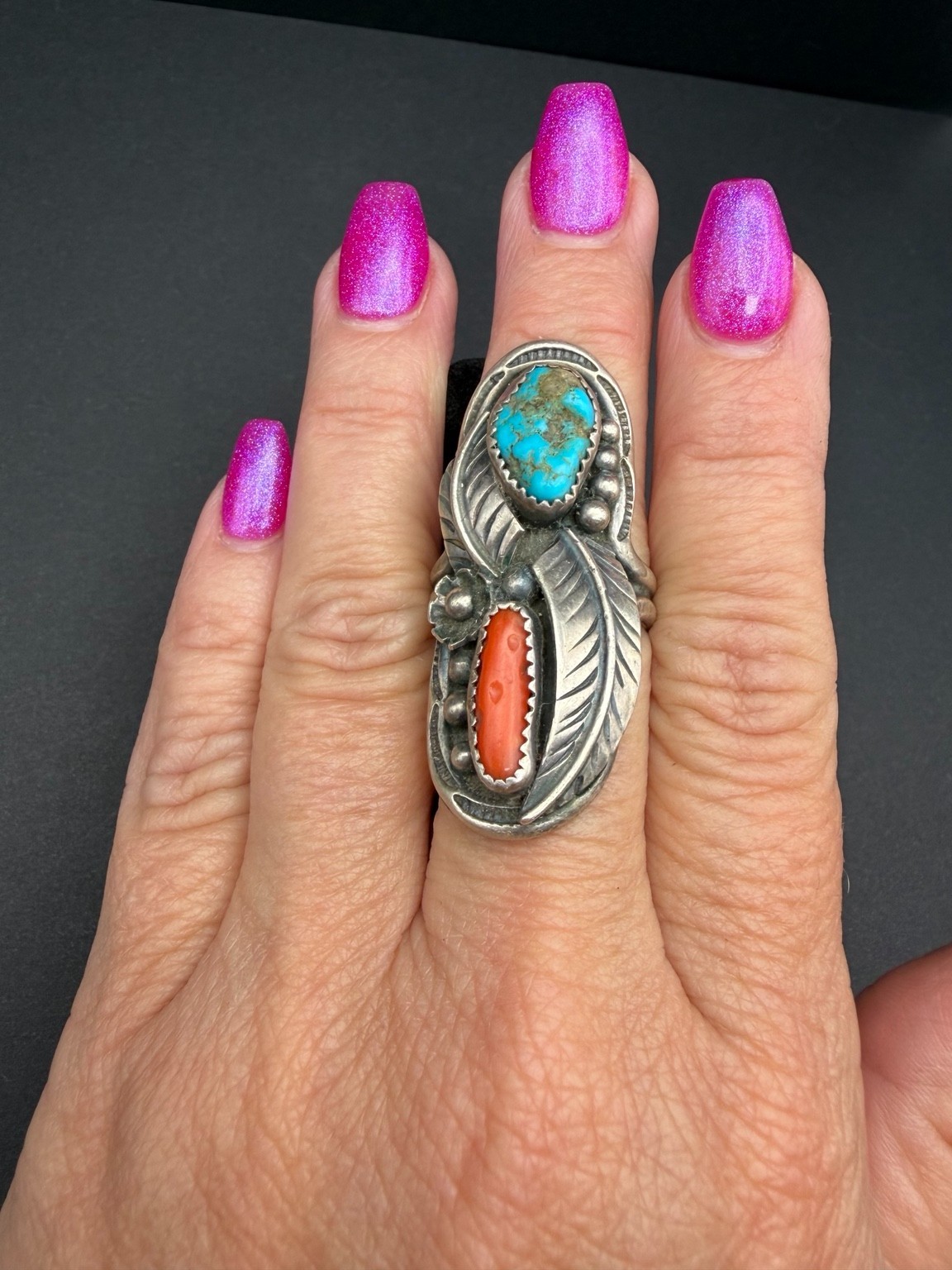 Vintage Navajo Turquoise Coral Sterling Silver Feather Ring Size 10.5 14.29g