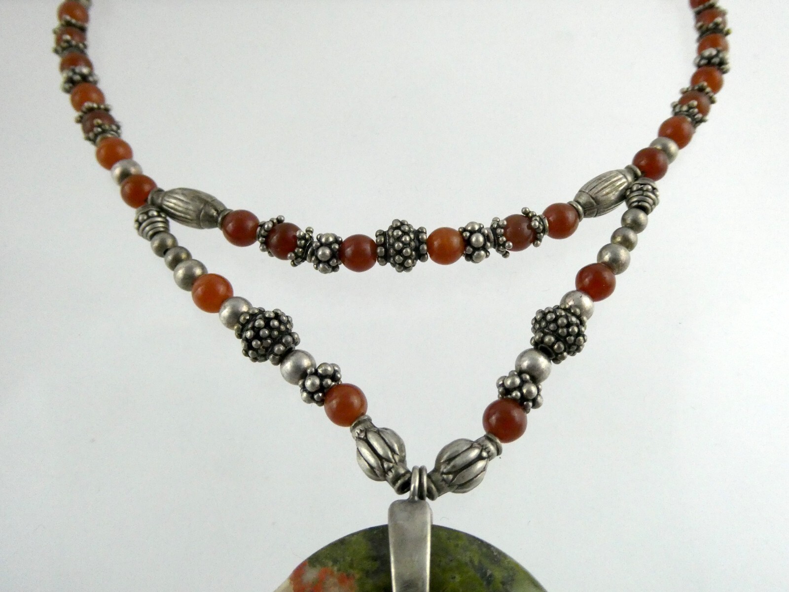 Sterling Silver Unakite Carnelian Double Strand Pendant Necklace 925 44.5g 15 In