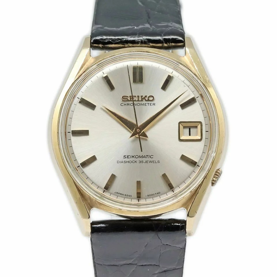 Seikomatic Chronometer Cap Gold 6245-9000 Silver Dial Date 36.5mm 35J Auto Men’s