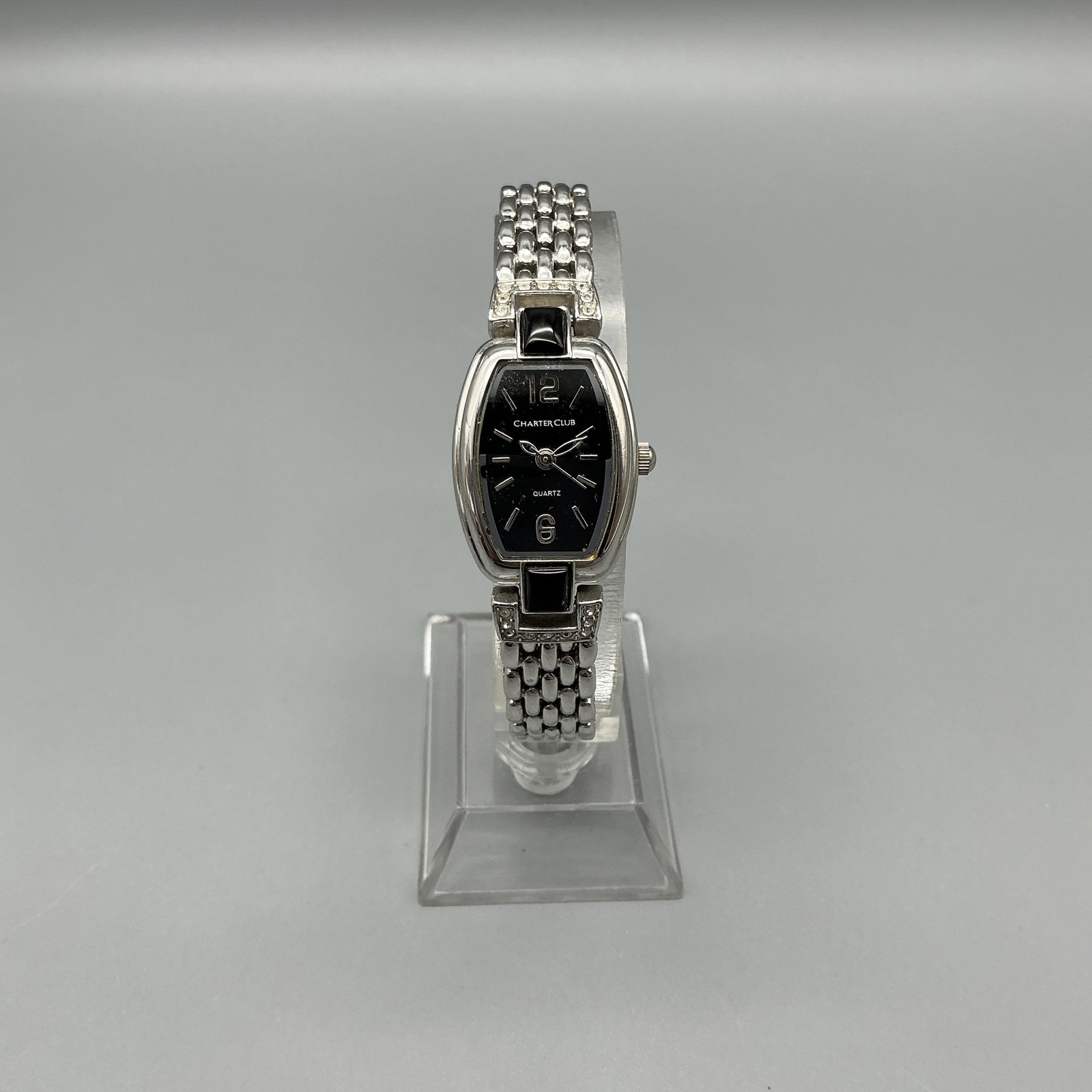 Charter Club Womens Watch 20mm Black Dial Silver Tone Bracelet New Battery 7.25″