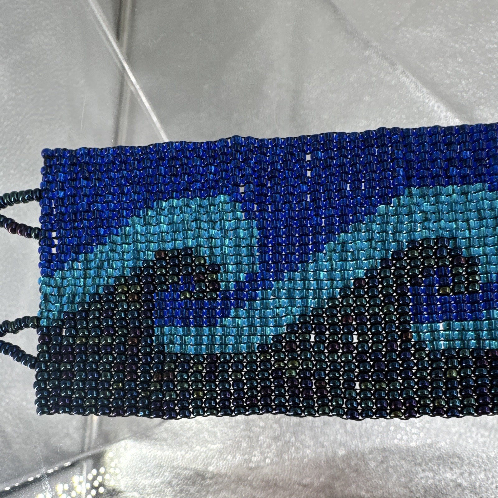 Handmade Beaded Cuff Bracelet Blue Black Teal Wave Design Glass Beads 7 in