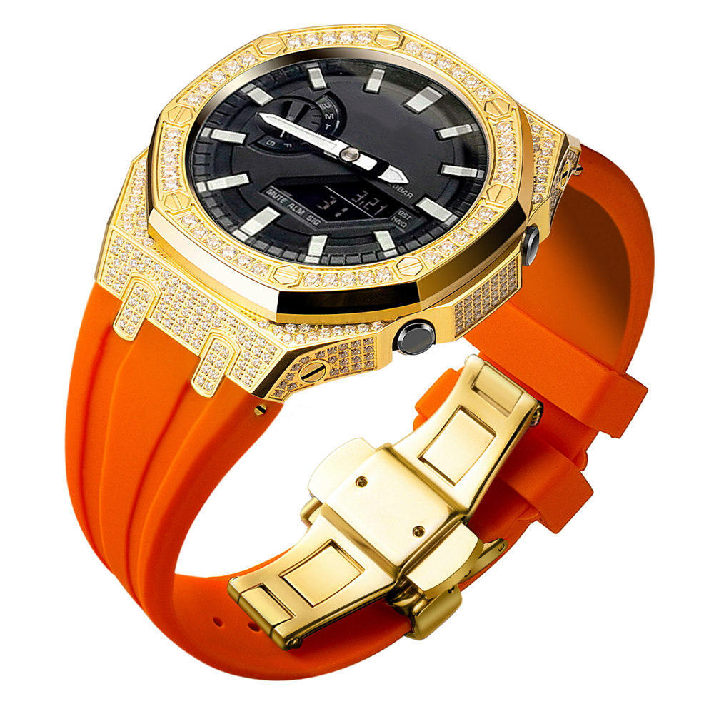 Bling Diamond Stainless Steel Case + Rubber Strap AP MOD KIT for G-SHOCK GA-2100