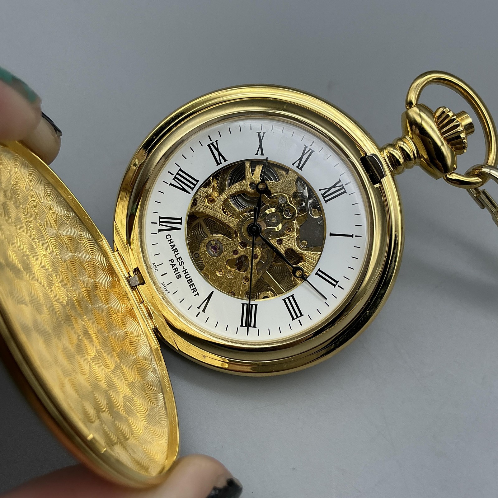 Charles-Hubert Pocket Watch Men 47mm Gold Tone Skeleton Hunter Manual Chain