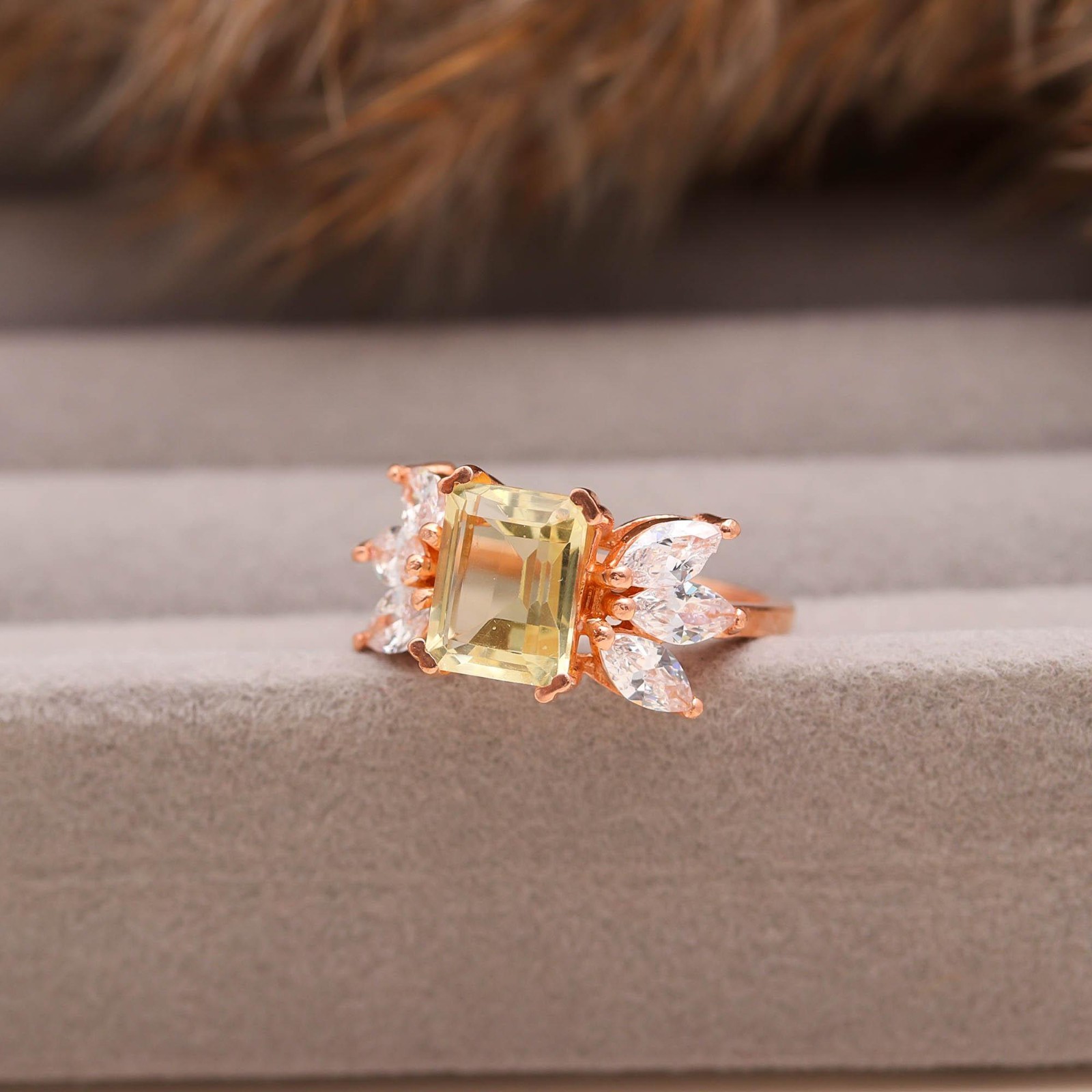 Natural Lemon Quartz Octagon Ring Rose Gold Fill Solid Silver Meditation Jewelry