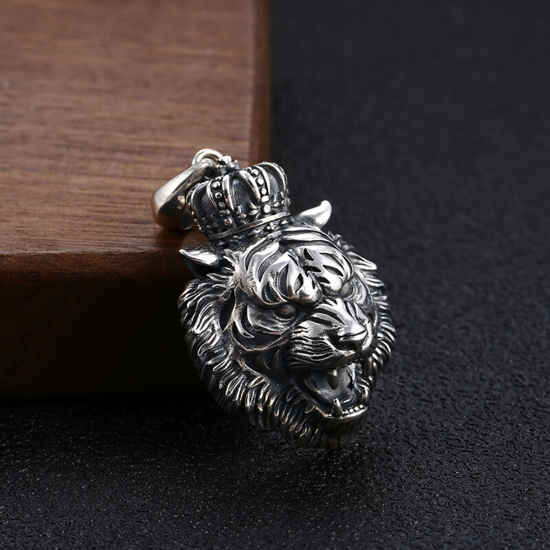 1PC S925 Silver CROWNED TIGER KING Pendant Roaring Gothic Biker Mens 15g STAMPED