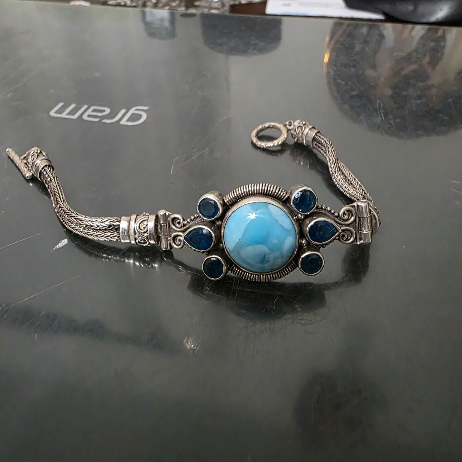 Vintage Boho Style Larimar and Apatite Sterling Silver Bracelet