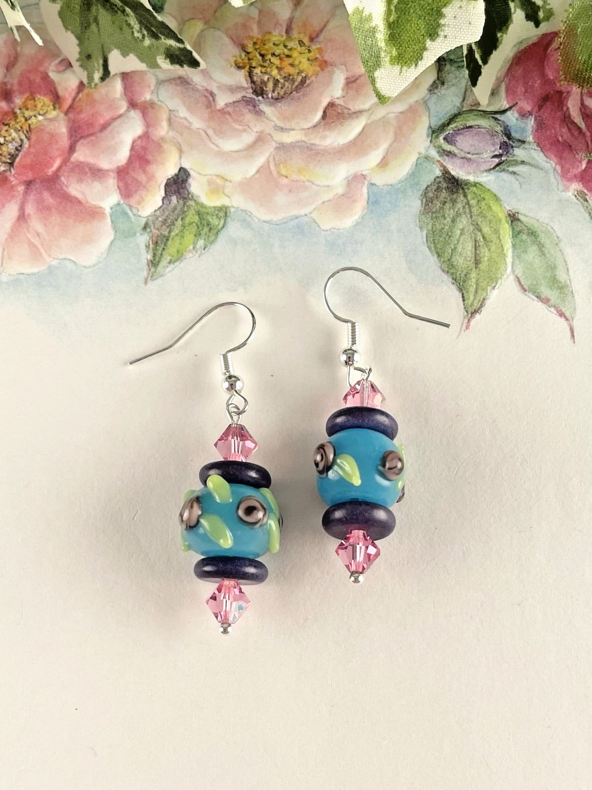 Navy Blue Aqua Floral Lampwork Bead Pink Crystal Silver Drop Earrings Artisan