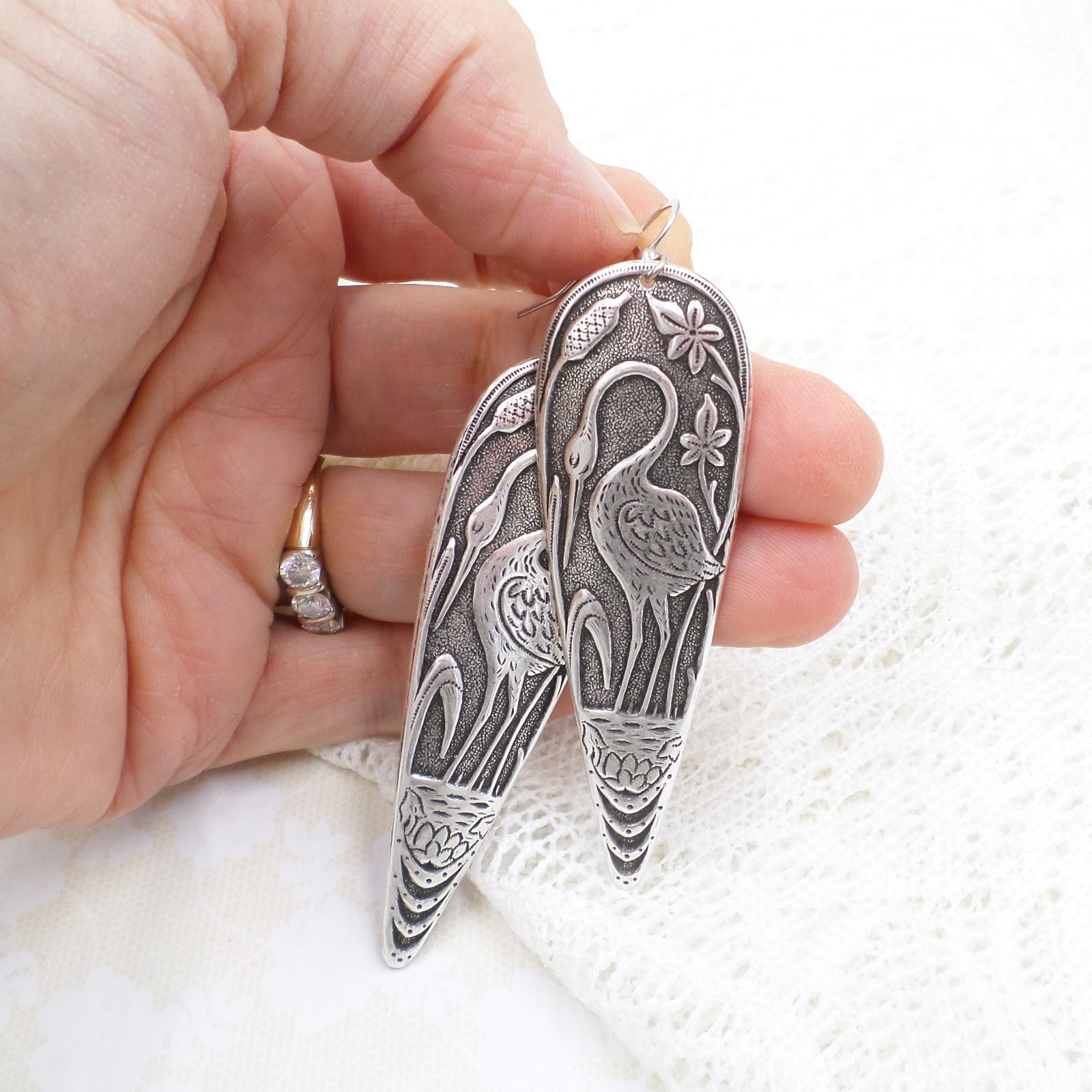 Antique Silver Plated Crane Statement Earrings, Heron Jewelry Gift For Women