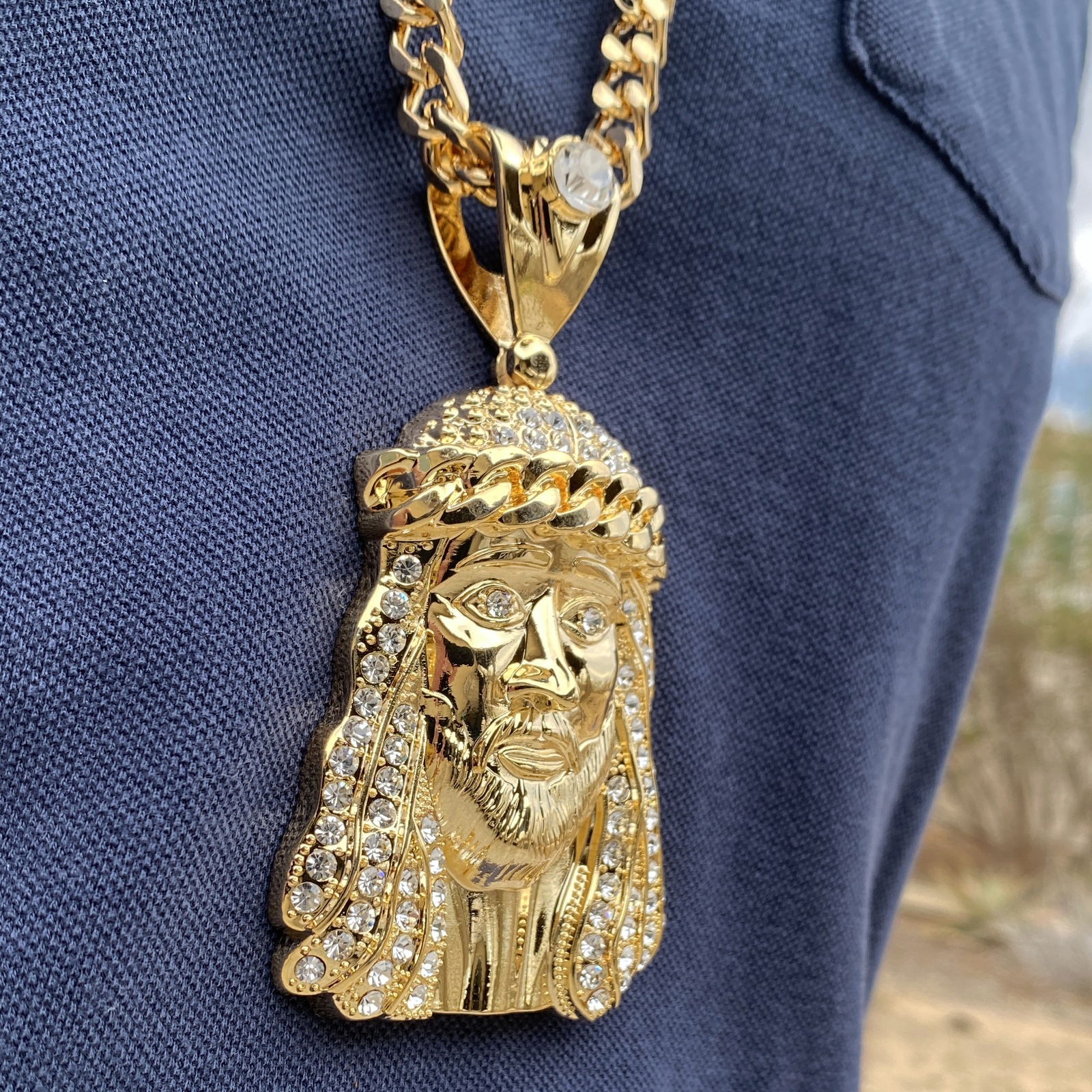 18K Gold Plated Huge Jesus Head Pendant CZ Necklace Hip Hop Cuban Link Chain 30″