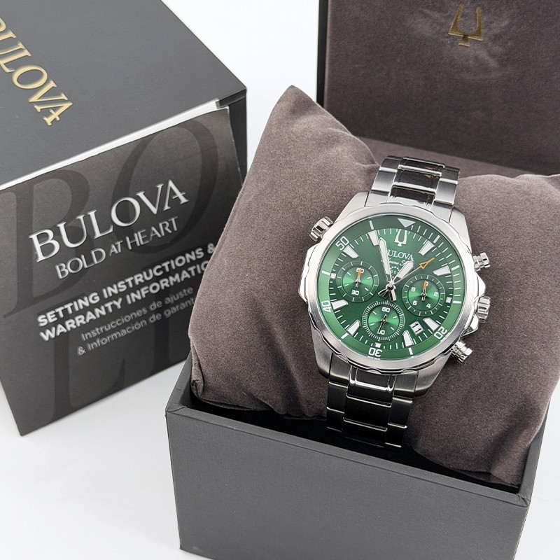 Bulova Marine Star Green Dial 96B396 Steel Men Quartz Watch 43mm Chronograph
