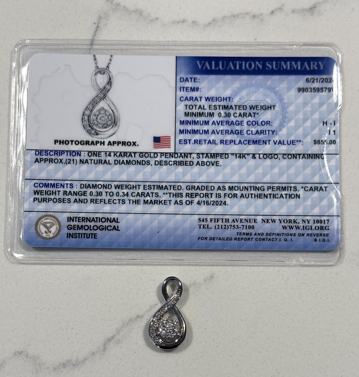 $855 IGI Certified 14K White Gold 1/3 Ct H/I1 Infinity Diamond Necklace Pendant