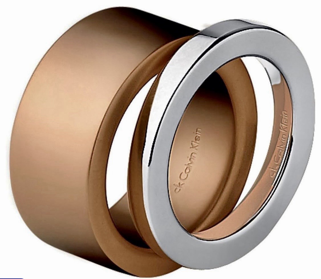 NIB Calvin Klein Two-Tone Interlocking Band Ring – Silver & Rose Gold Steel Sz 6