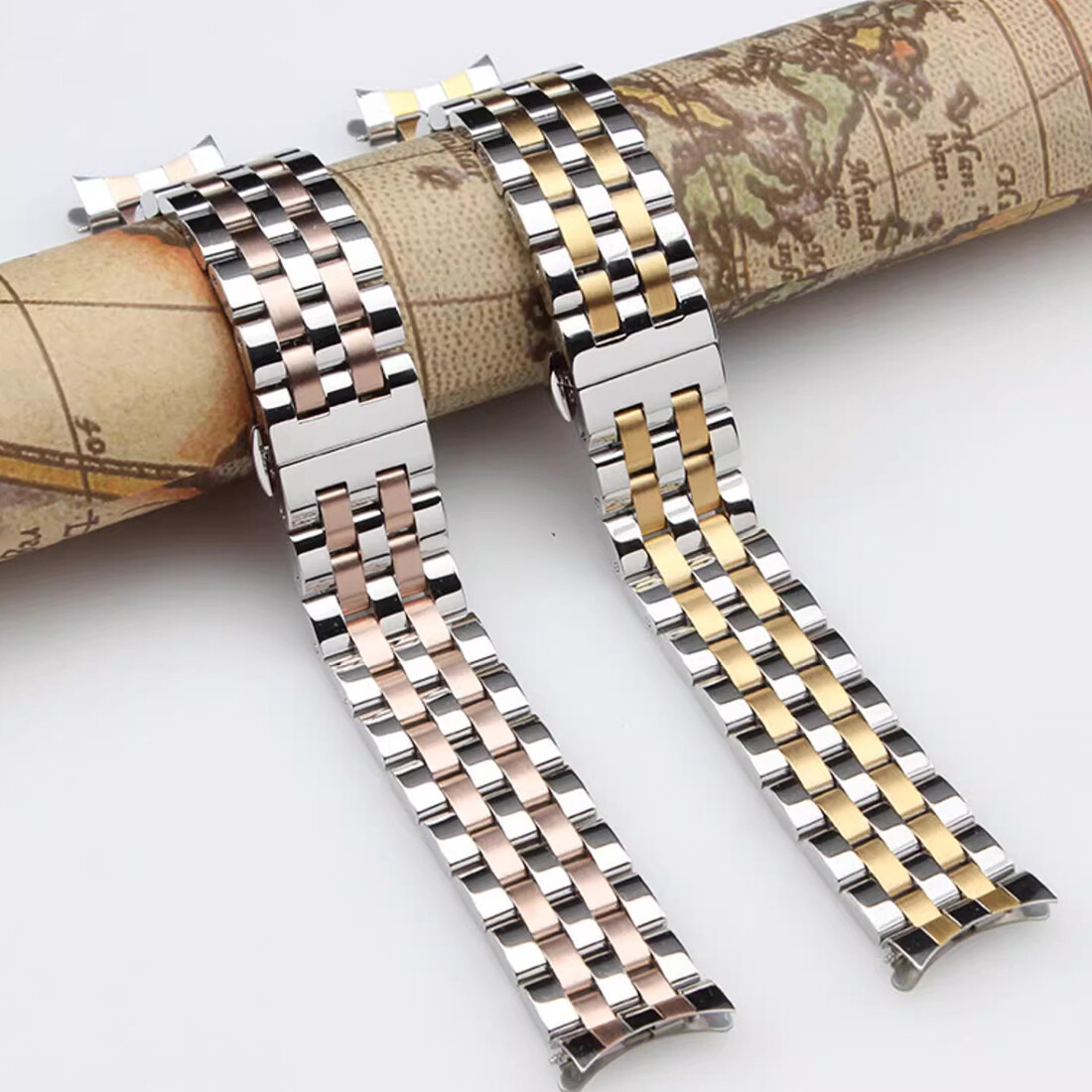 16mm-26mm Straight+Curved End Metal Bracelet Stainless Steel Watch Band Strap