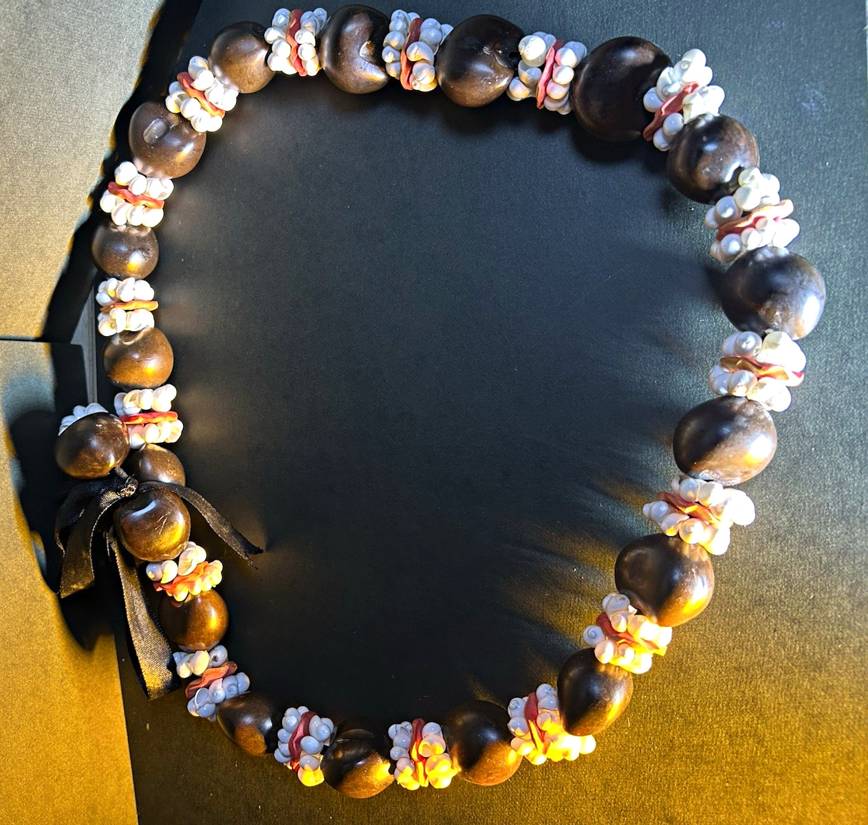 Brown Wood Beaded Necklace w/ White & Pink Shell Accents, Tie Adjustable