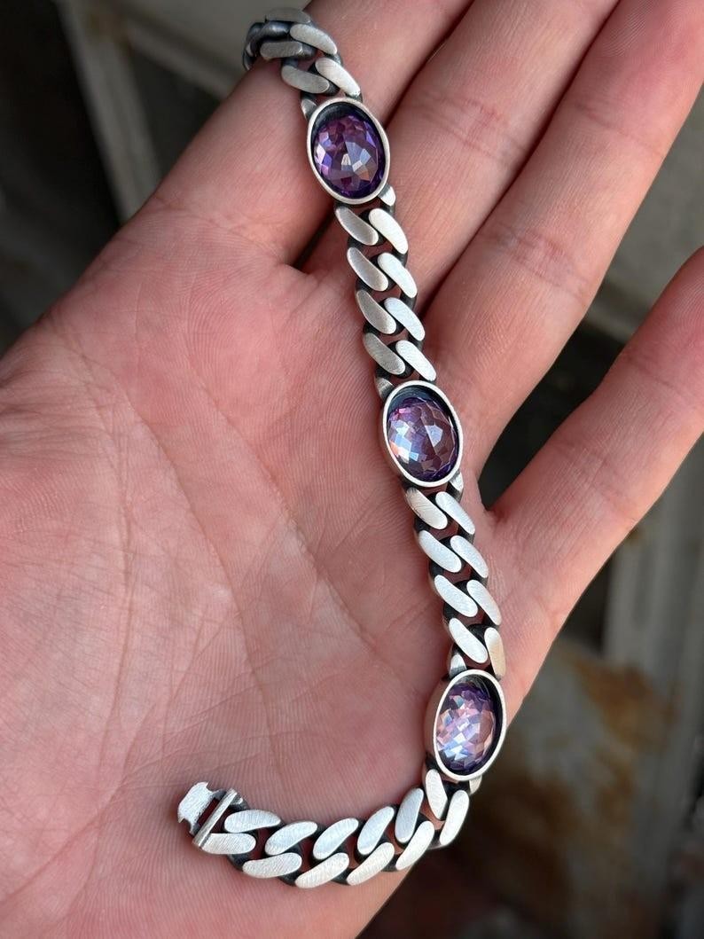 925 Solid Silver Amethyst Curb Chain Bracelet, 10MM Cuban Link Chain Bracelet