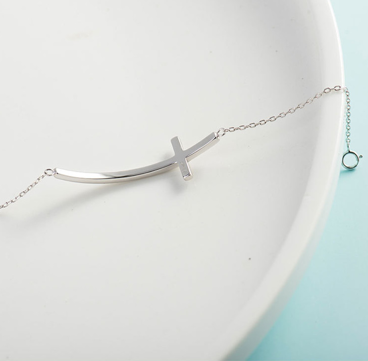 S925 Sterling Silver Concise Sideways Cross Bent Bracelet 7.5inch Women Gift PE3
