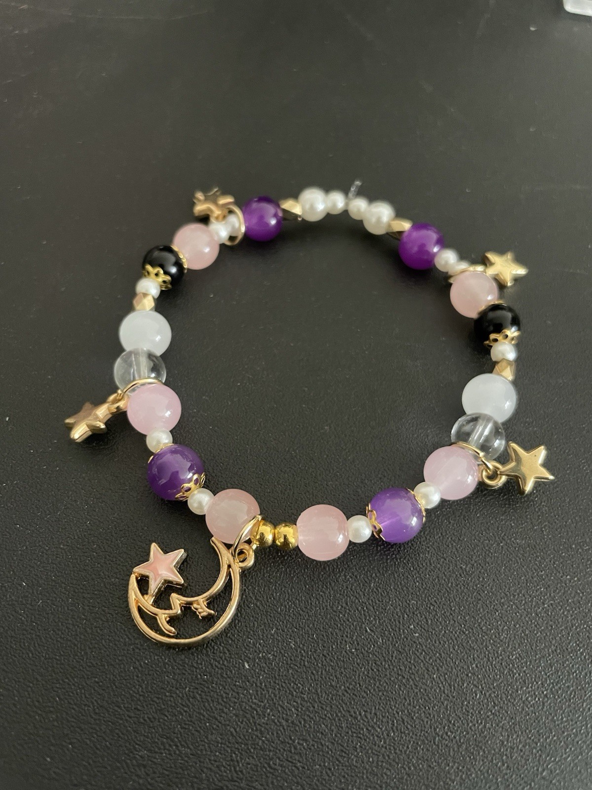 Multicolor Beaded Stretch Charm Bracelet Moon & Star Dangle, Celestial