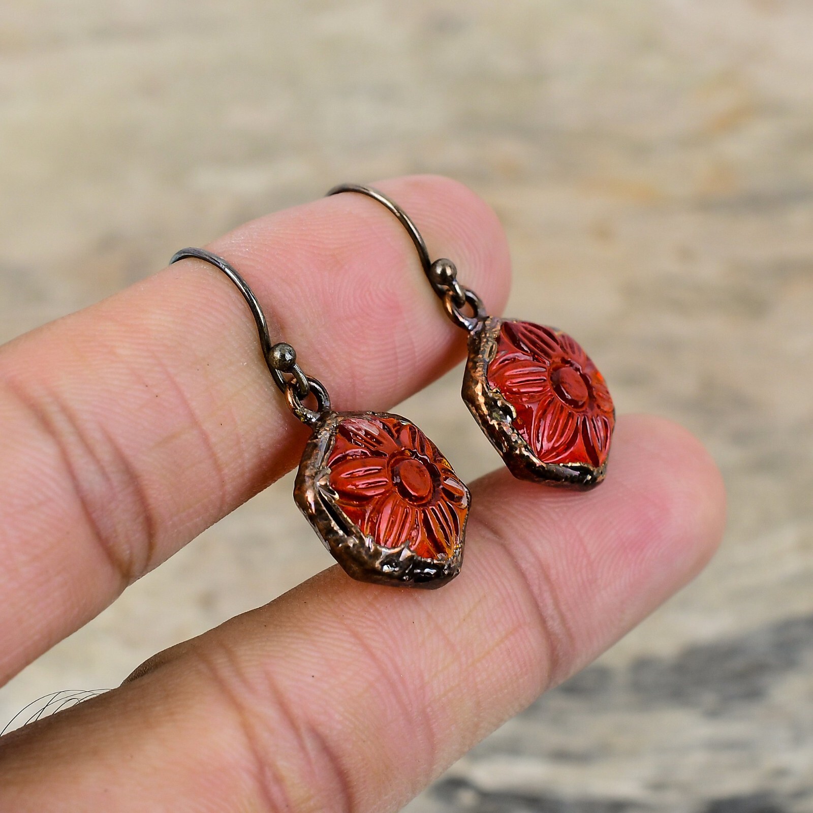 Copper Carved Red Onyx Stone Mother Dangle Drop Electroformed Earrings Jewelry