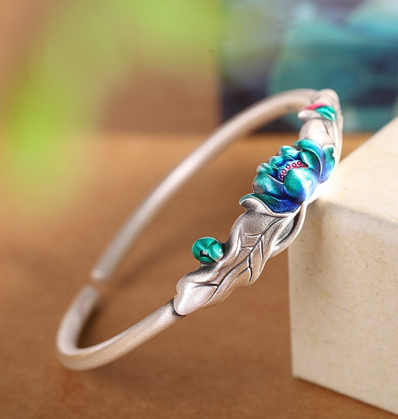 I03 Blue Green Lotus Flower Lotus Leaf Plastic Fine Silver Bangle Bracelet