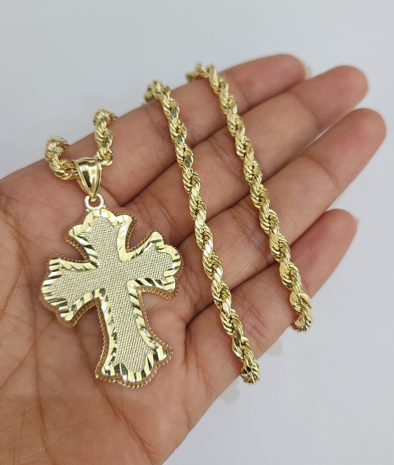 REAL 10k Jesus Roman Cross Charm Rope Chain Pendant 4mm Necklace Set 18″-28″ in