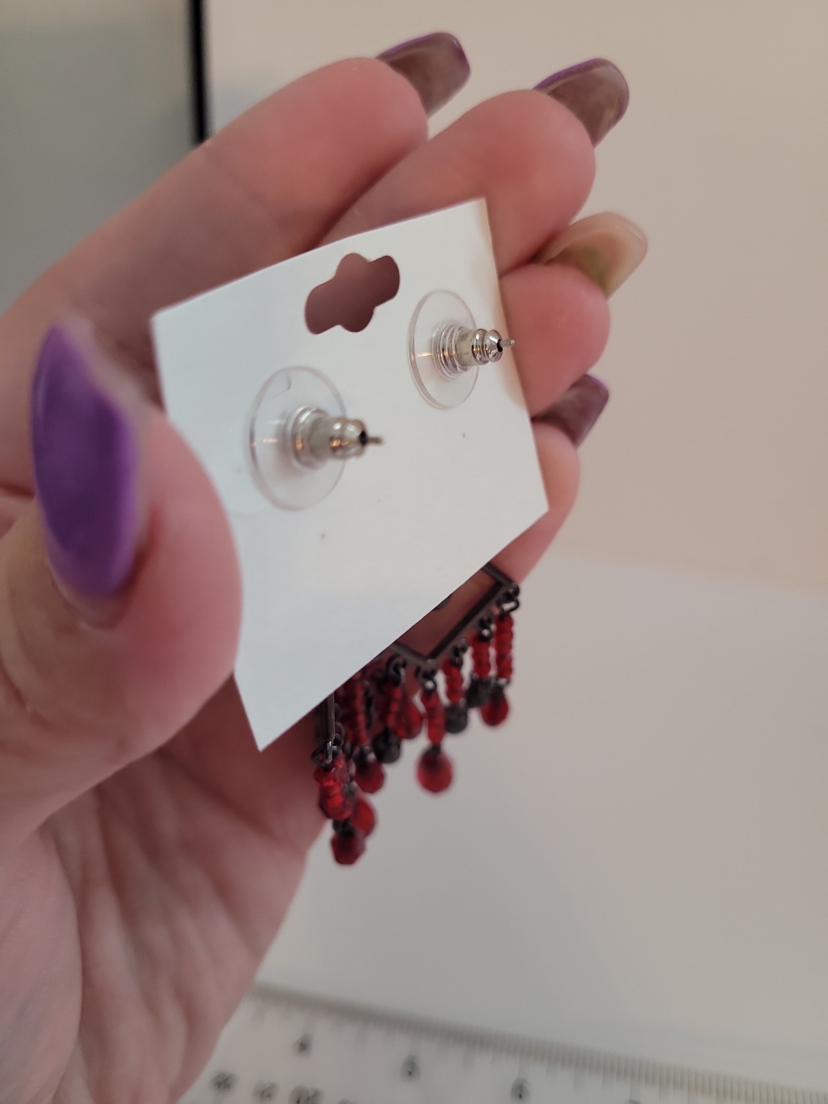 Red Beaded Chandelier Dangle Earrings Gunmetal Tone Geometric Boho Statement