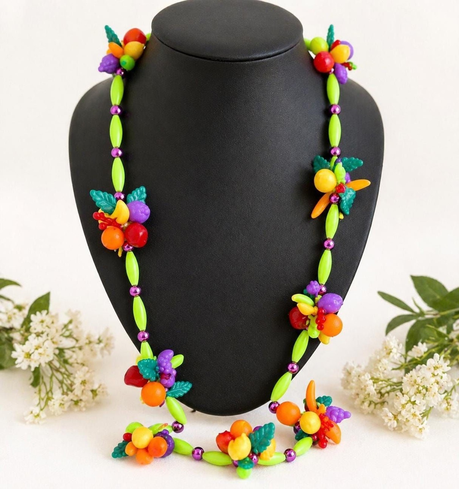 1960s Vintage Lucite Fruit Necklace, Colorful Novelty Beaded Strand Jewelry