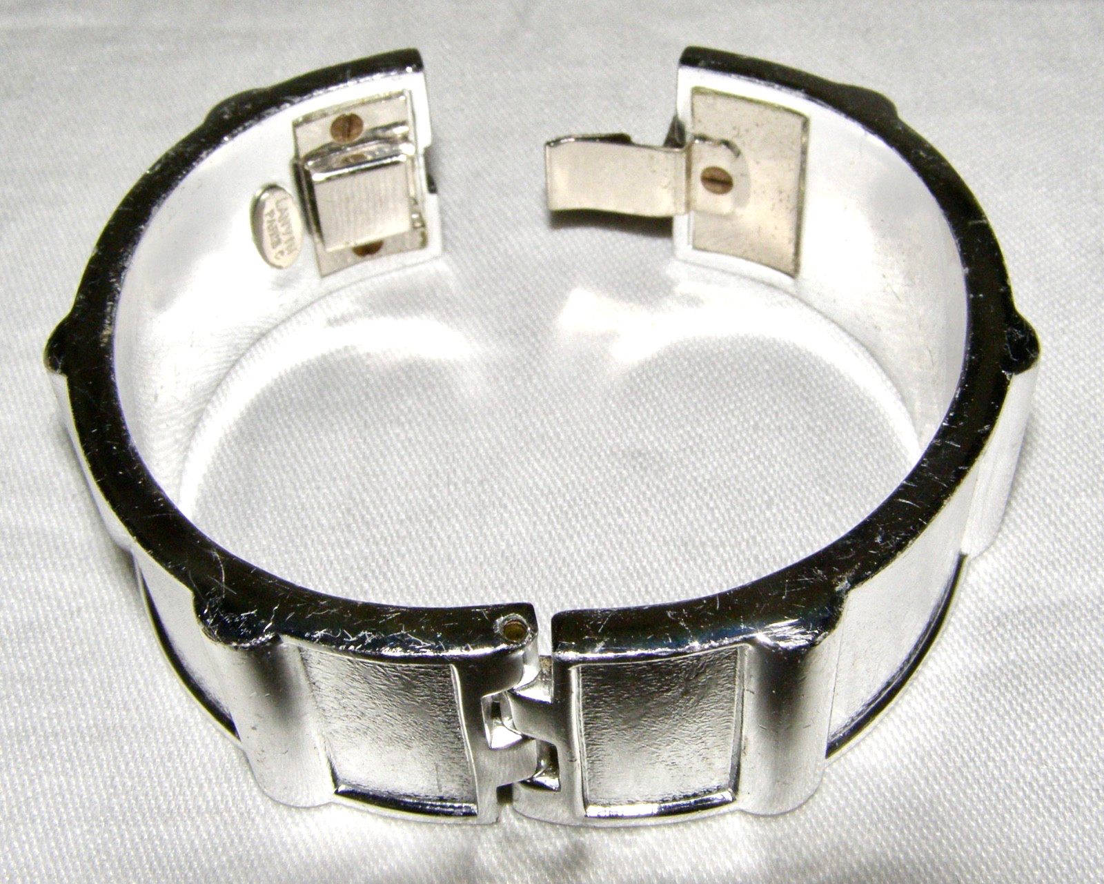 VINTAGE ‘LANVIN, PARIS, FRANCE’ WIDE SILVER-TONE BANGLE BRACELET + BLACK ENAMEL