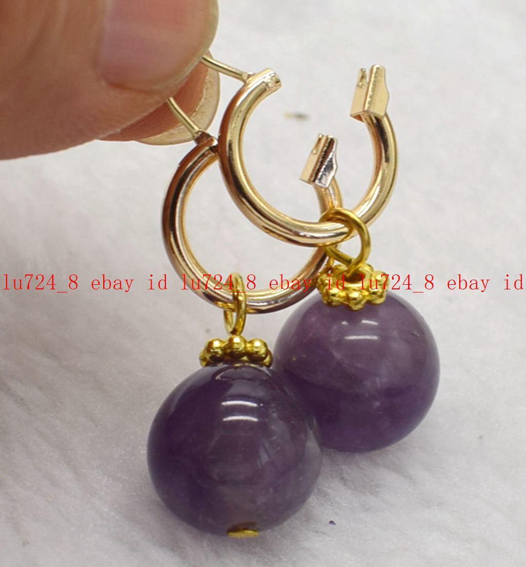 Genuine Noblest 14mm Amethyst Round Purple Gemstone Beads Leveback Earrings
