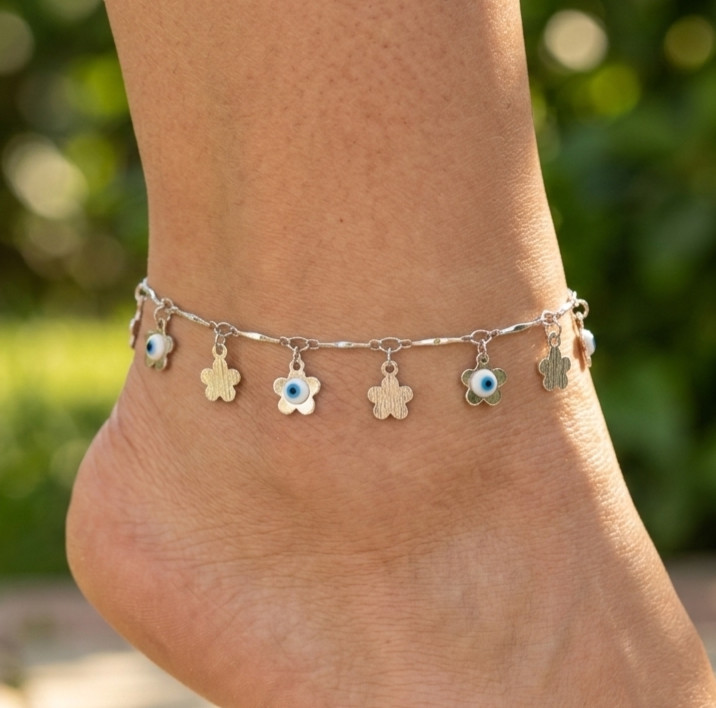 Chic Silver Tone Evil Eye Flower Charm Anklet for Women | Designer 925 Silver