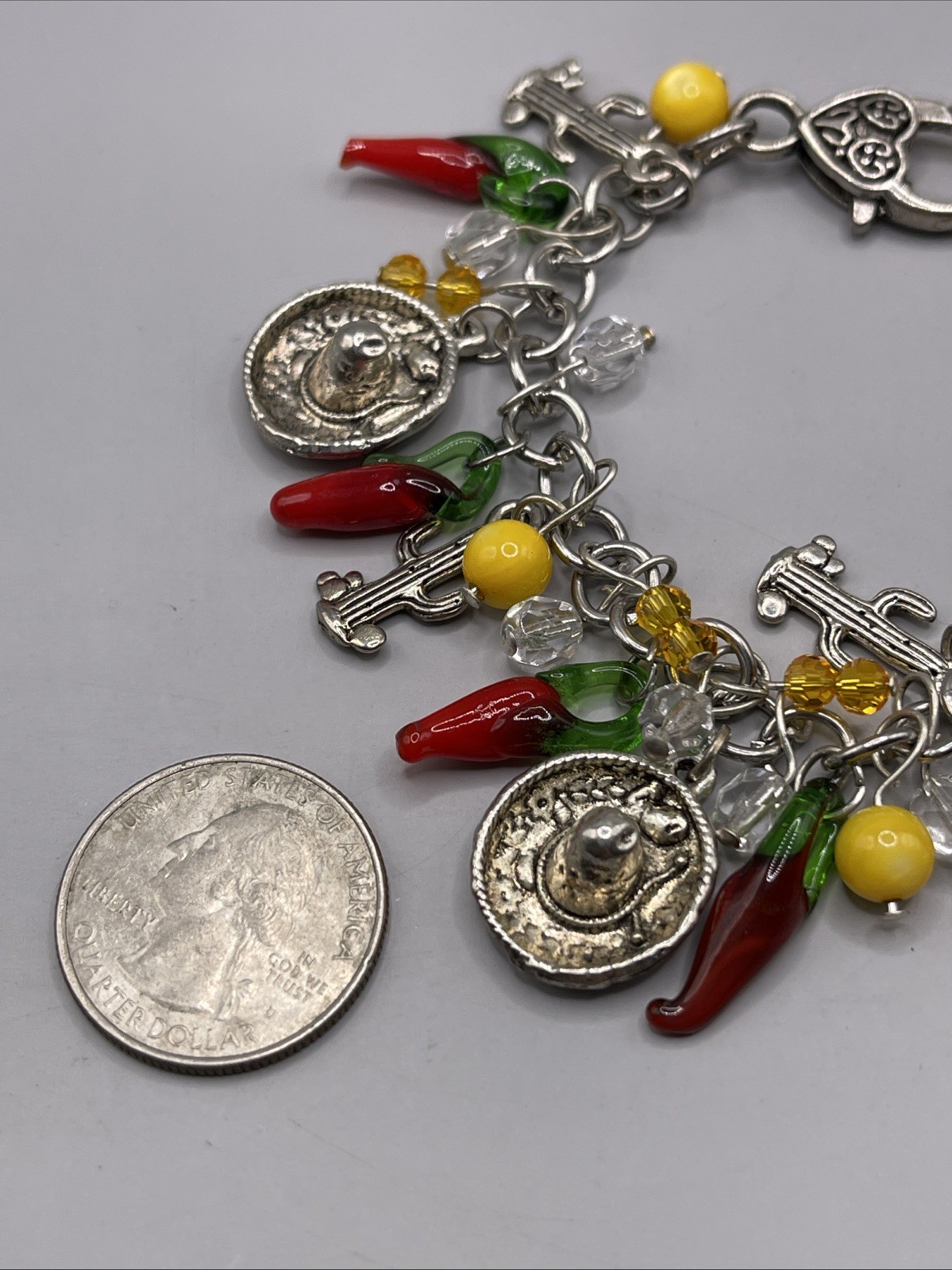 Charm Bracelet Jewelry Woman Glass Hot Papper Chili Cactus Sombrero Silver Tone