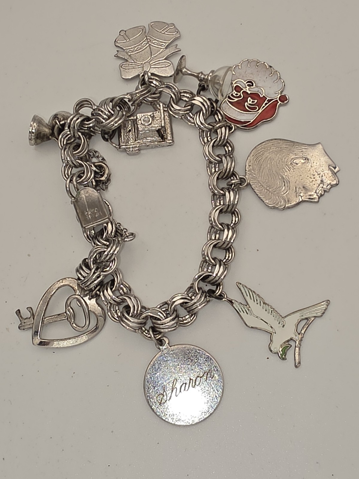 Vintage Elco Sterling Silver Triple Link Charm Bracelet With Charms, 6.25 in, I5
