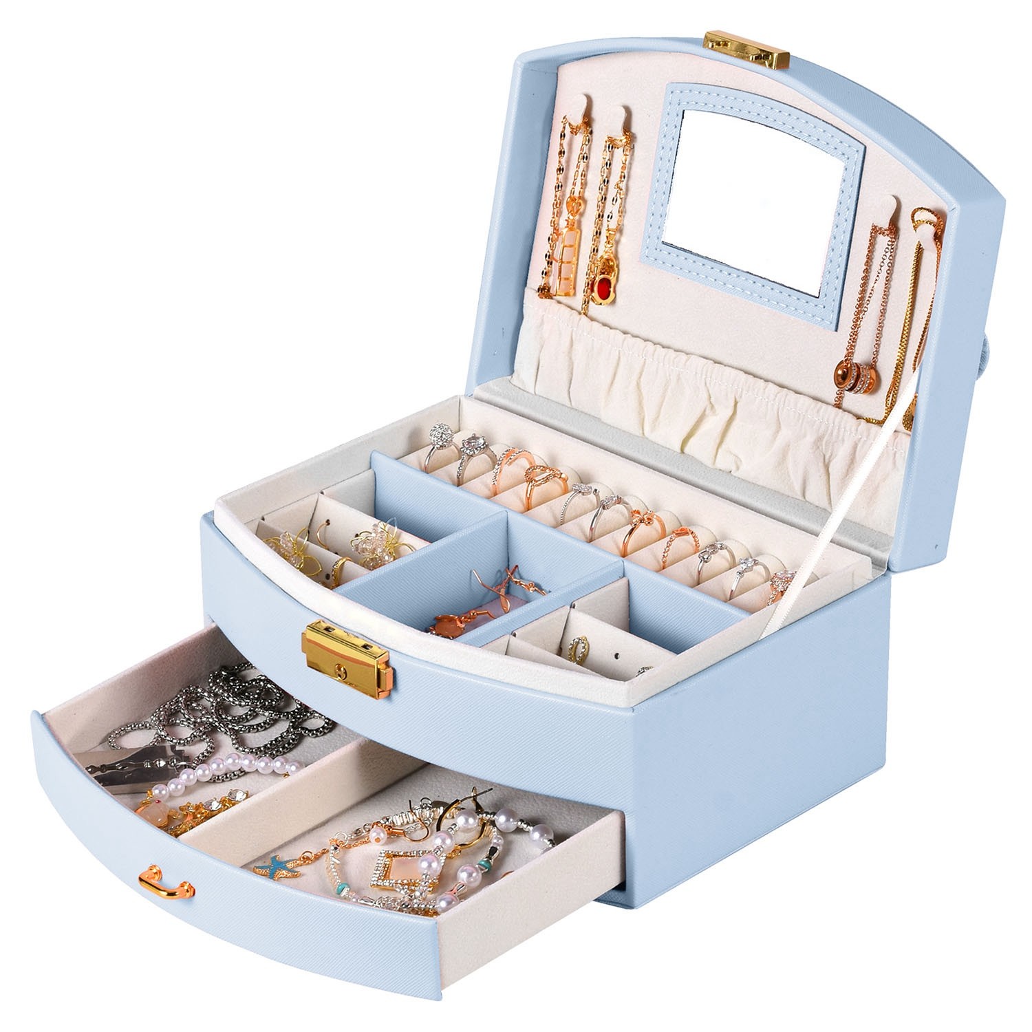 2-Layer Jewelry Box f/ Women Girls Lockable Lear Organizer Travel Case f/ Rings