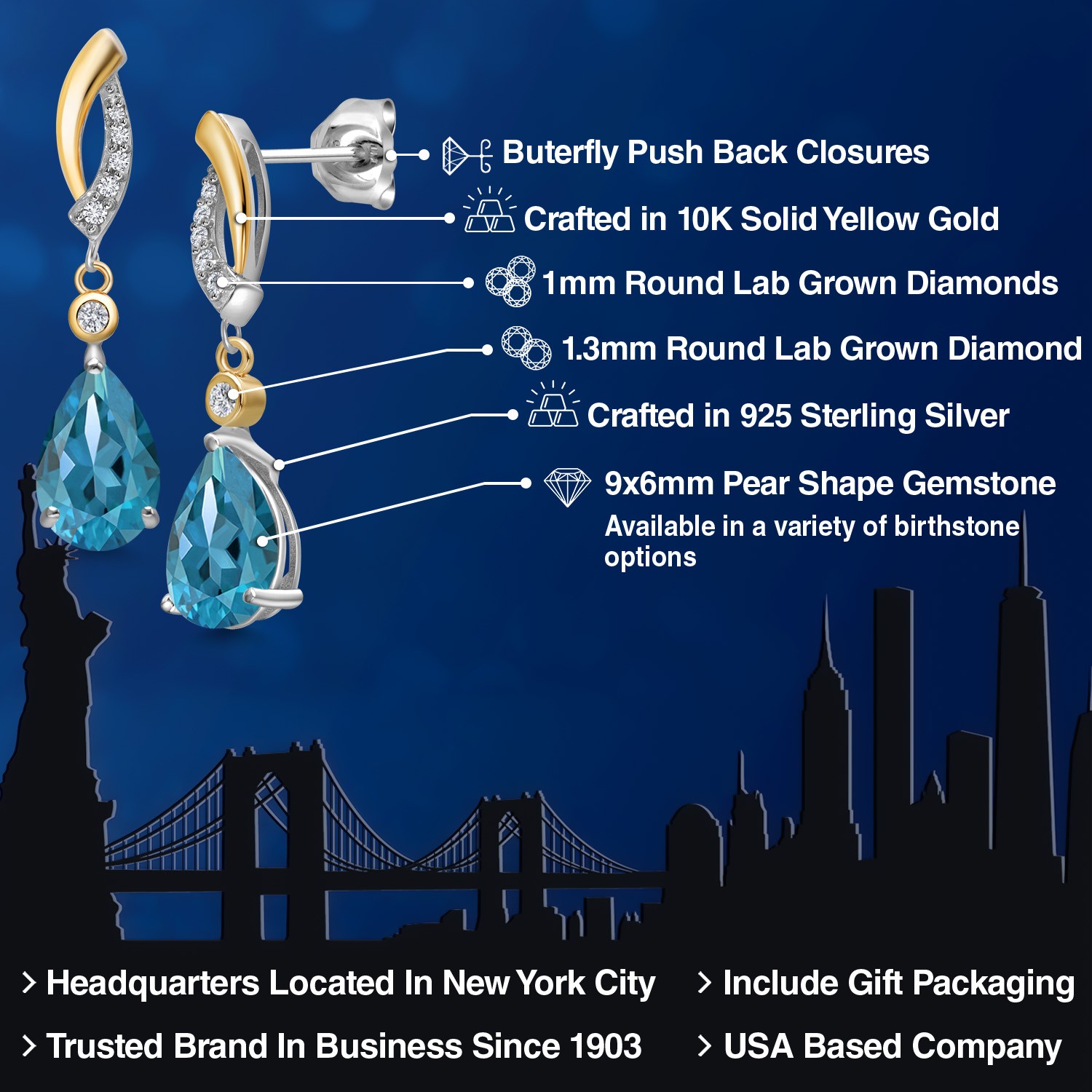 3.33 Ct London Blue Topaz G/H Lab Grown Diamond 925 Silver and 10K Yellow Gold