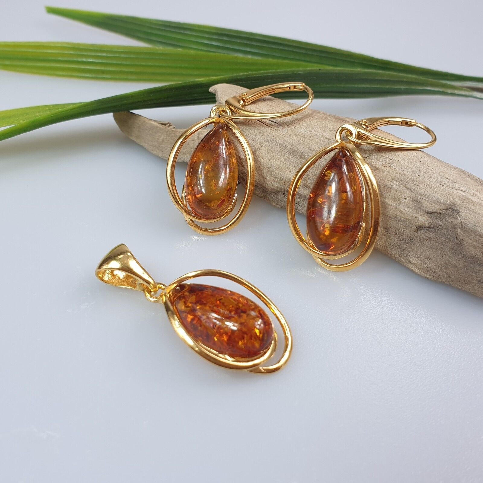 Amber earrings and pendant gold plated jewelry handmade real drop shape.