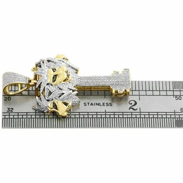 3Ct Round Cut Real Moissanite Three Lion Face Key Pendant 14K Yellow Gold Plated