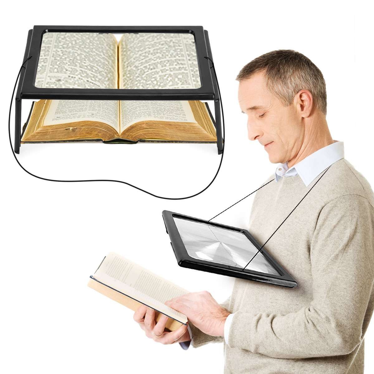 3X Hand Free LED Magnifying Glass for Reading Full Page Rectangular Magnifier