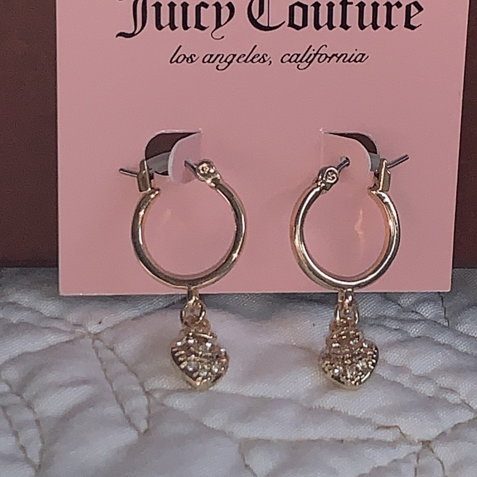 NEW JUICY COUTURE earrings small HOOP with hanging heart, latch back G/T new