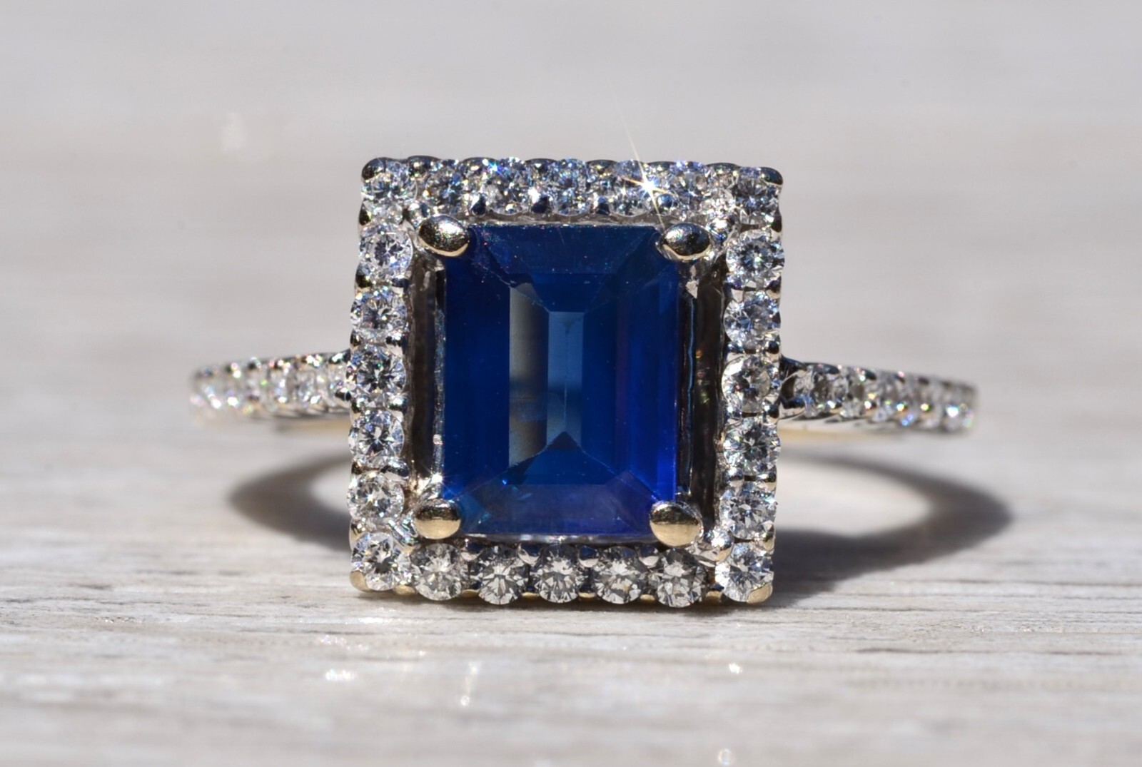 Diffused Emerald Cut Blue Sapphire Engagement Ring and Wedding Set with Custom B