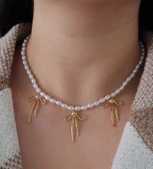 Freshwater Pearls with three Gold Bows—Pearl Bliss Bow Necklace NWOT $65