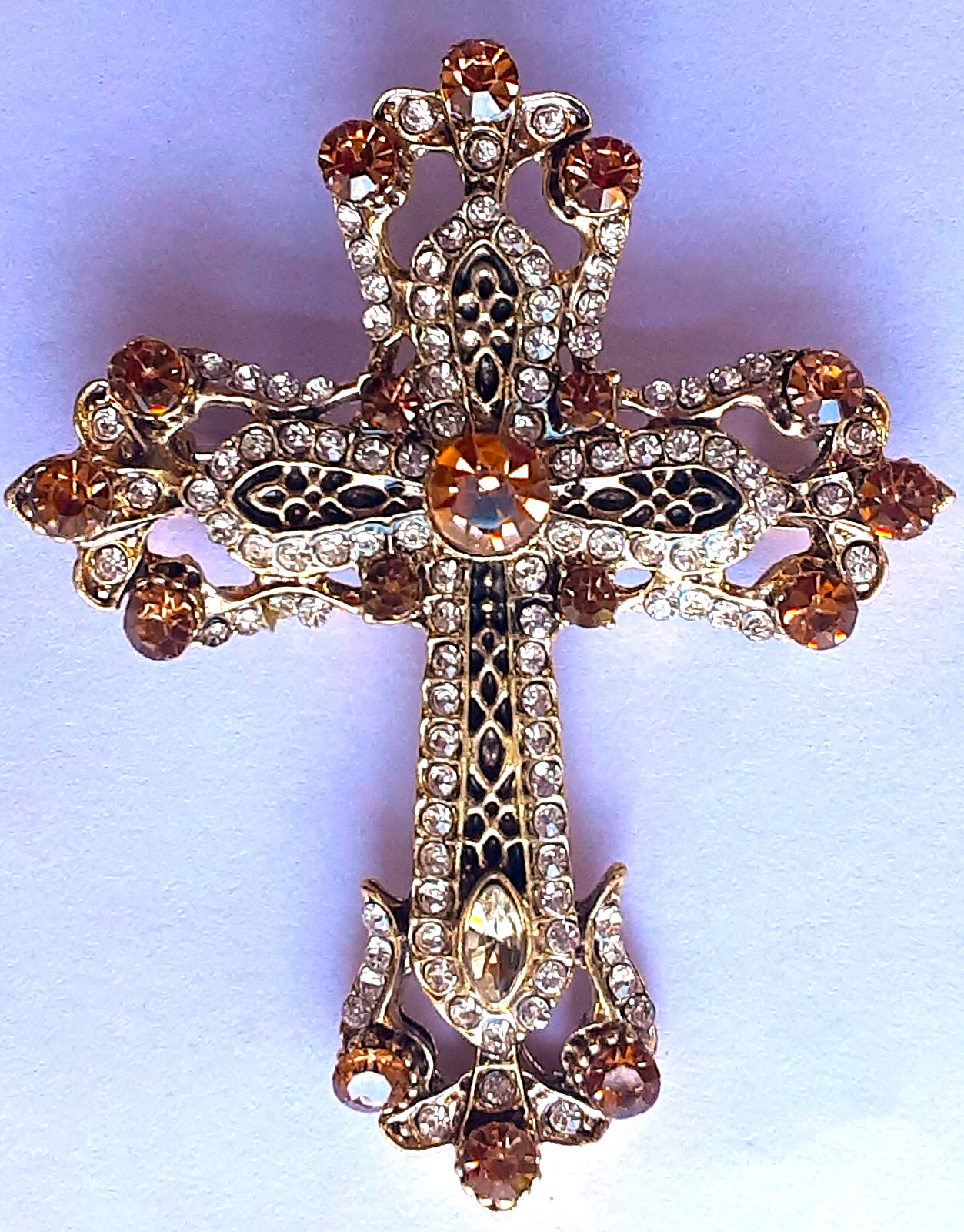 VICTORIAN style CROSS RHINESTONE BROOCH or NECKLACE GIFT BOX Gold color #BR17