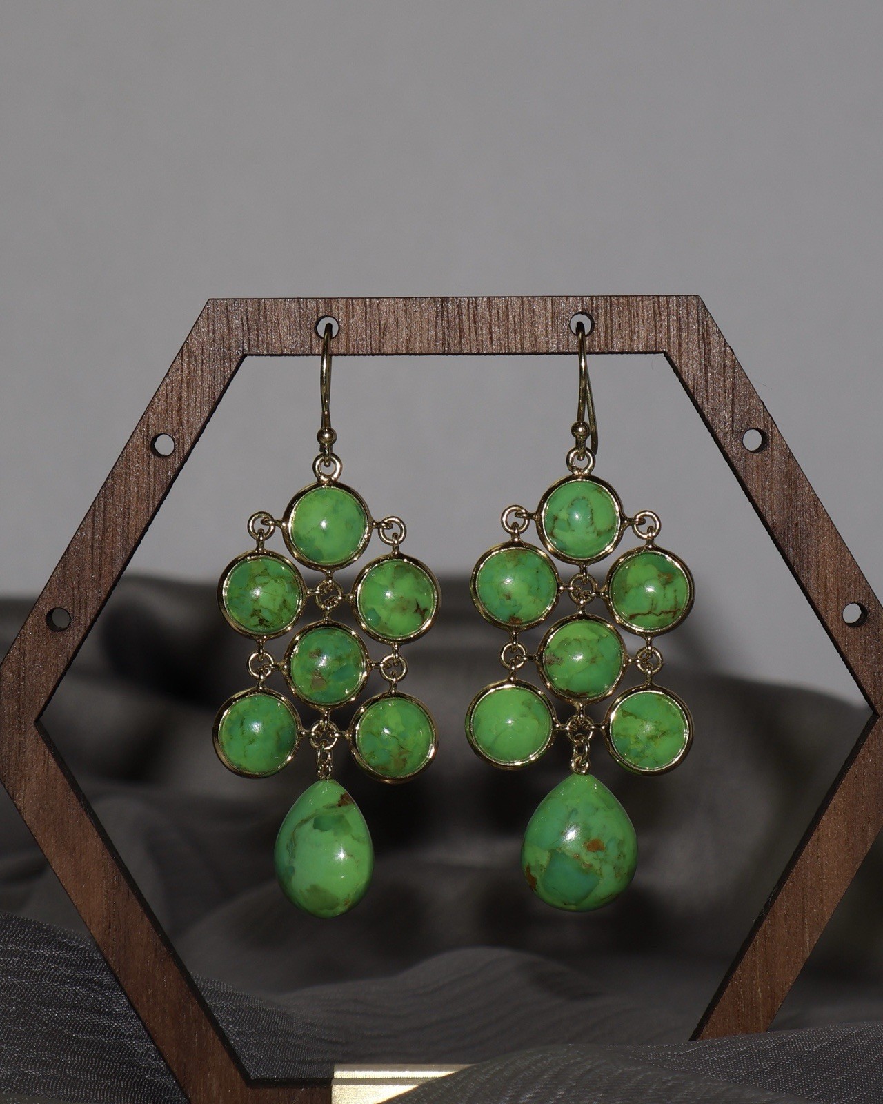 18k Yellow Gold Green Turquoise Chandelier Earrings 12.45G / 2.2in