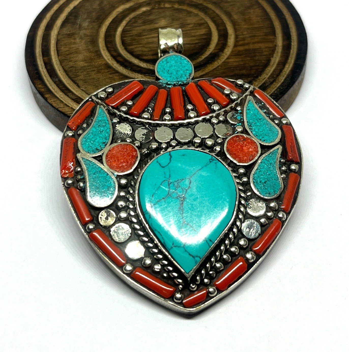 Ethnic Red Coral Turquoise Gemstone Tibetan Style Pendant Jewelry, 2.9 inch