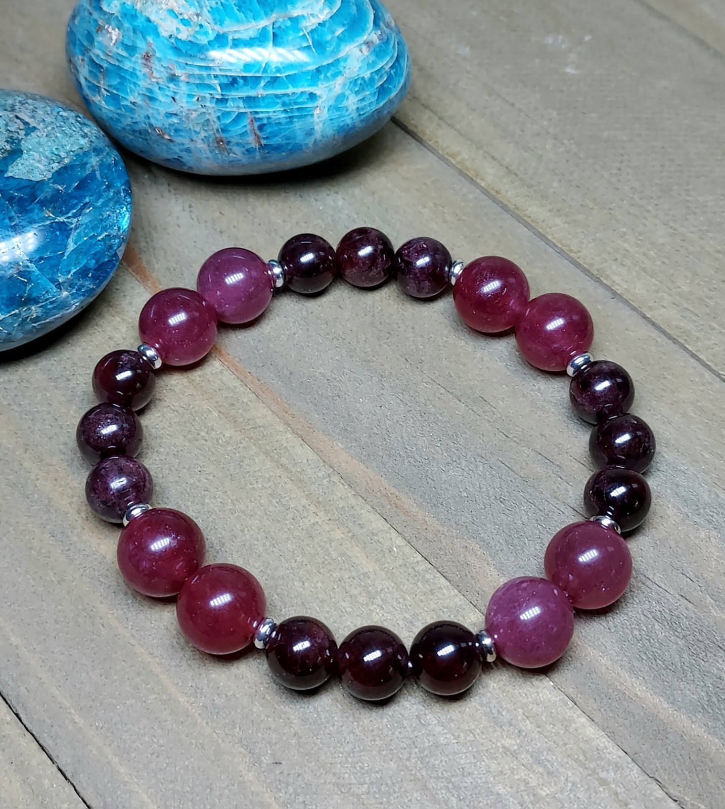 Red Garnet Gem Bead Bracelet With Dark Pink Strawberry Quartz Stretchy 6.75″